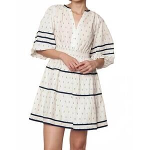 NEW KNIT & LOUNGE flared sleeves smocked waist mini dress in white/ navy